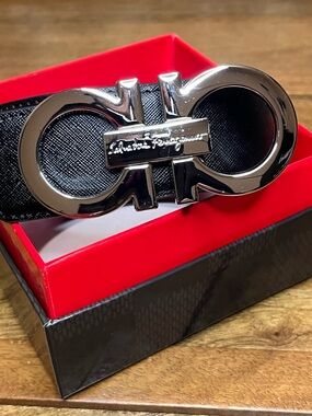 Salvatore Ferragamo Black Leather Belt with Silver Double Gancini Buckle